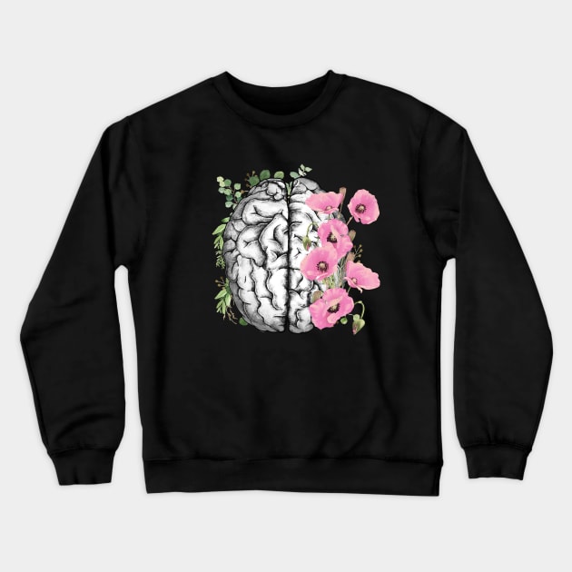 Brain with Pink poppy, psychology, mental health, front brain, watercolor Crewneck Sweatshirt by Collagedream